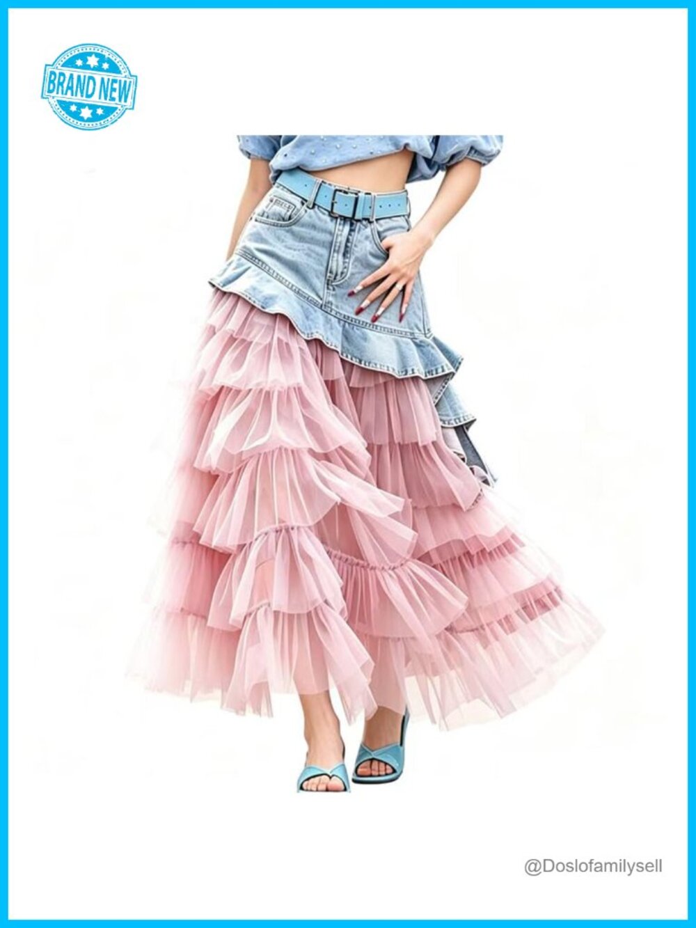 Y2K Denim Tulle High Waist A-Line Layered Maxi Skirt